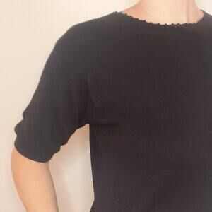 Vintage Susan Bristol Rayon Cotton 1/2 Sleeve Sweater Crocheted Neckline Med